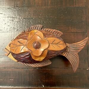 Hand Carved Wooden Fish Bowl With Lid Rustic Folk Art Decorative Trinket Dish